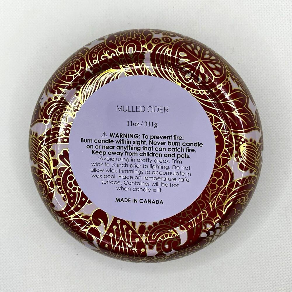 Simply Indulgent Mulled Cider 11oz Soy Candle 3 Wick Decorative Red Gold Tin